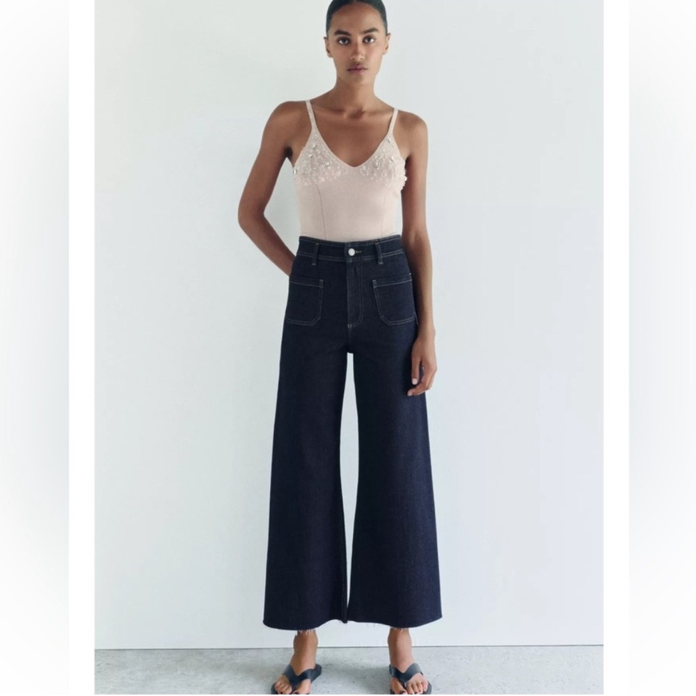 ZARA Women's Wide-Leg Dark Blue Jeans